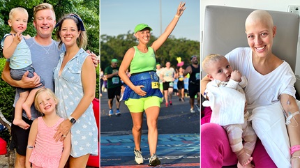Samantha with family, Samantha running race and Samantha undergoing cancer treatment.