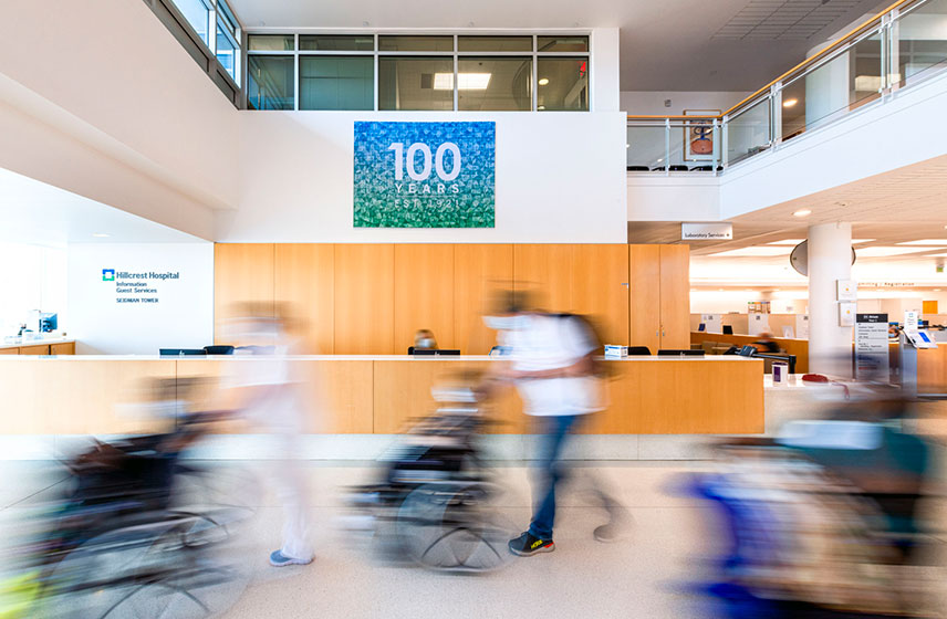 A time-lapsed image of a Cleveland Clinic hospital lobby.
