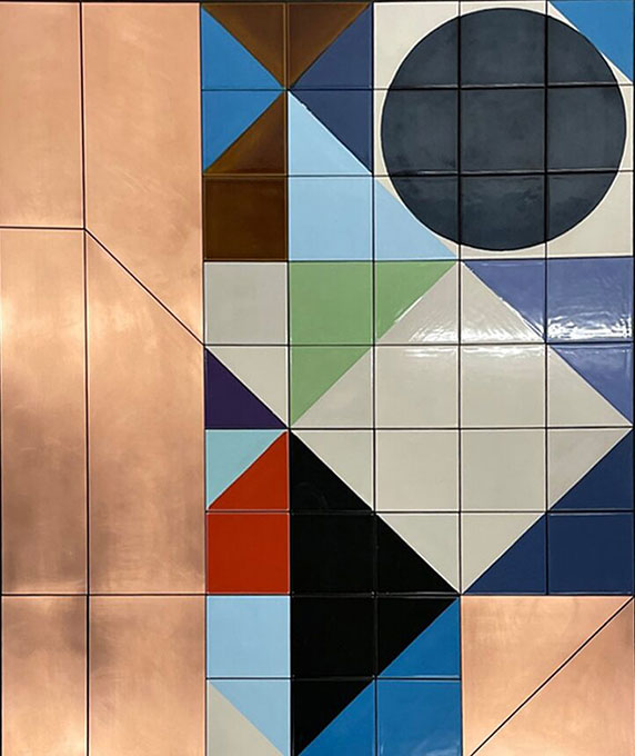 Claudia Wieser, Untitled, 2021, copper and glazed ceramic tiles on MDF and aluminum frame. Courtesy of the artist and Marianne Boesky Gallery. Commissioned for Cleveland Clinic London.