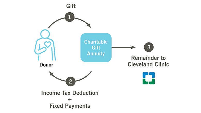 A Charitable Gift Annuity (CGA) is a simple agreement between you and Cleveland Clinic. In exchange for your irrevocable gift, Cleveland Clinic agrees to pay one or two annuitants (named by you) a fixed payment, each year, for life.