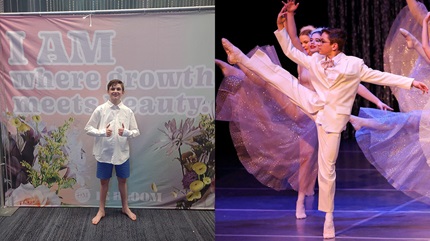 Keegan Oxley participating in a competition (left) to perform ballet, tap, jazz, hip-hop, and contemporary dance (right).