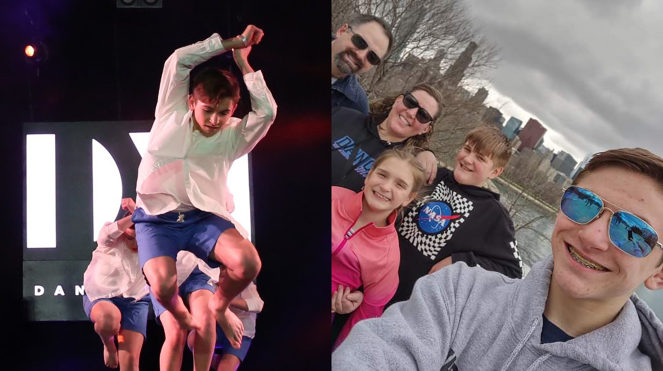 Keegan Oxley enjoys participating in dance competitions (left) and spending time with his family (right).