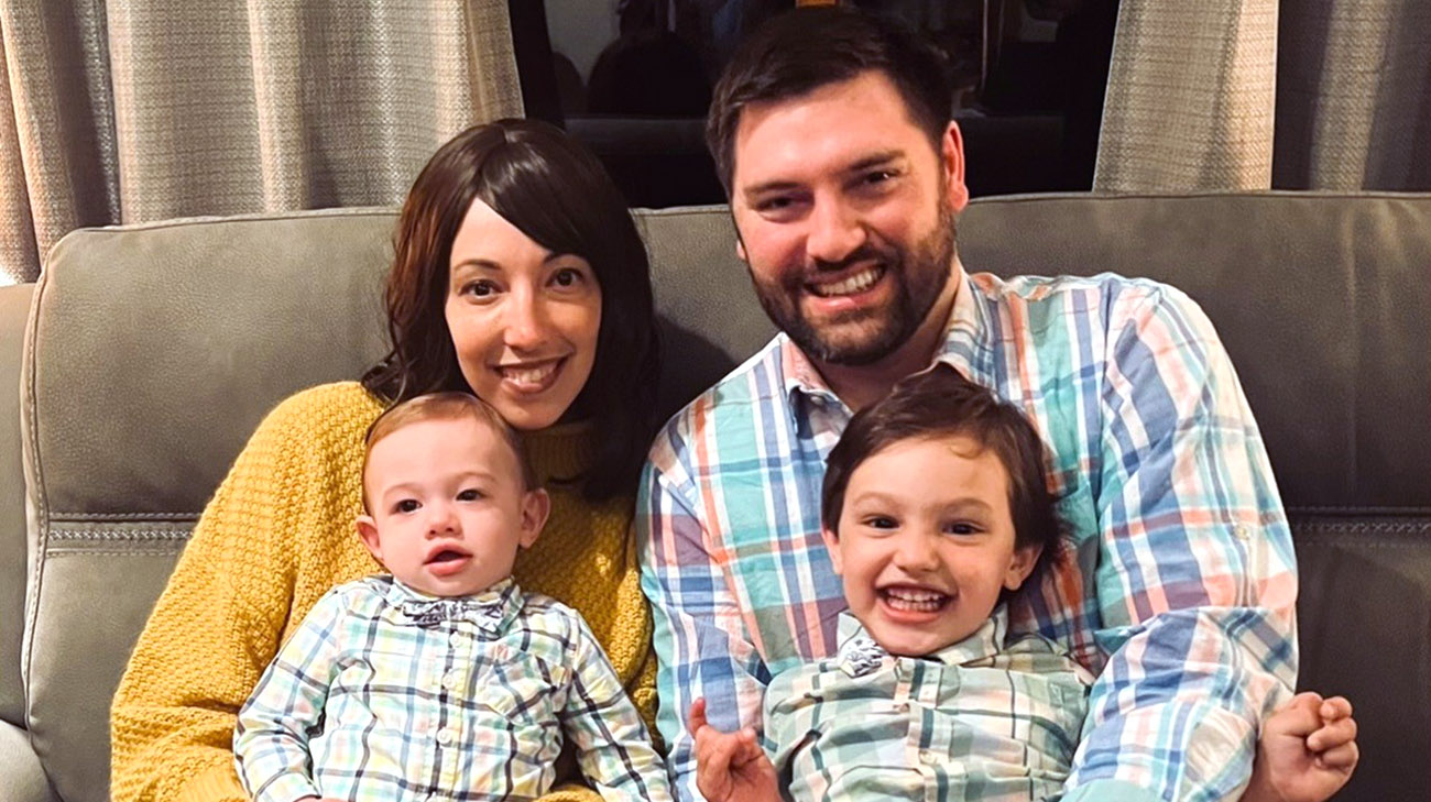 Stephanie with her sons and husband and completing chemotherapy. 