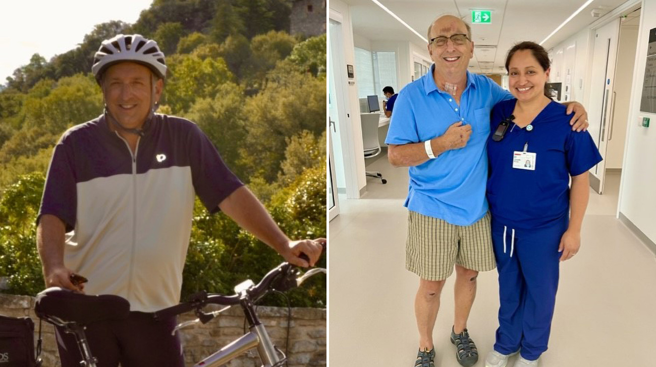 Left: Dr. Lane with his bike, prior to the accident. Right: Dr. Lane with Janeth Perez, ICU nurse at Cleveland Clinic London. Janet was his main caretaker in the days prior to surgery.