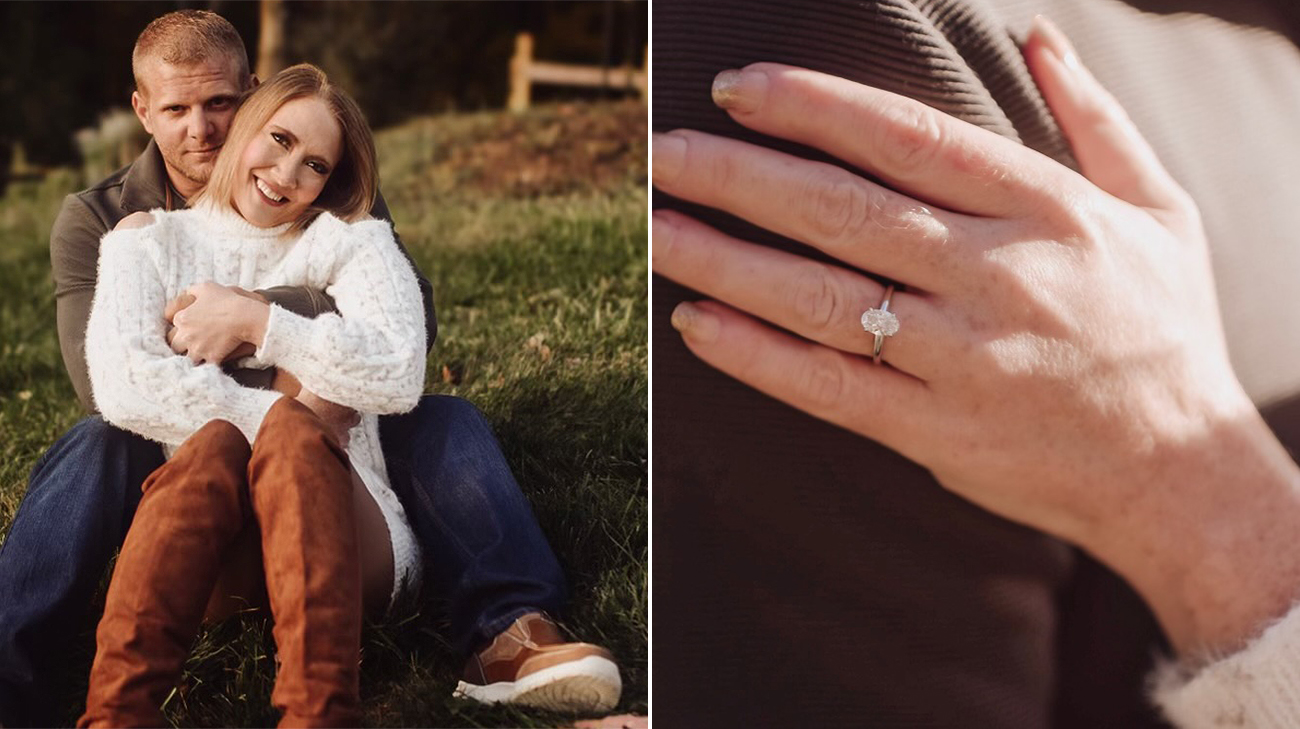 A portrait of Jennifer and her fiancé as well as a photo of her ring.