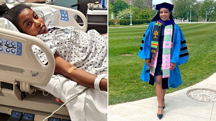 Lauryn in hospital, and Lauryn at her law school graduation.