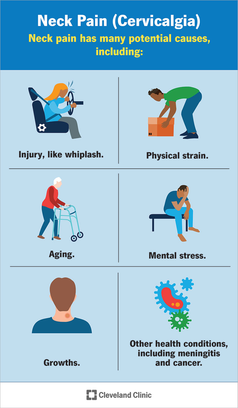 Common causes of neck pain, or cervicalgia, including strain, injury and stress.