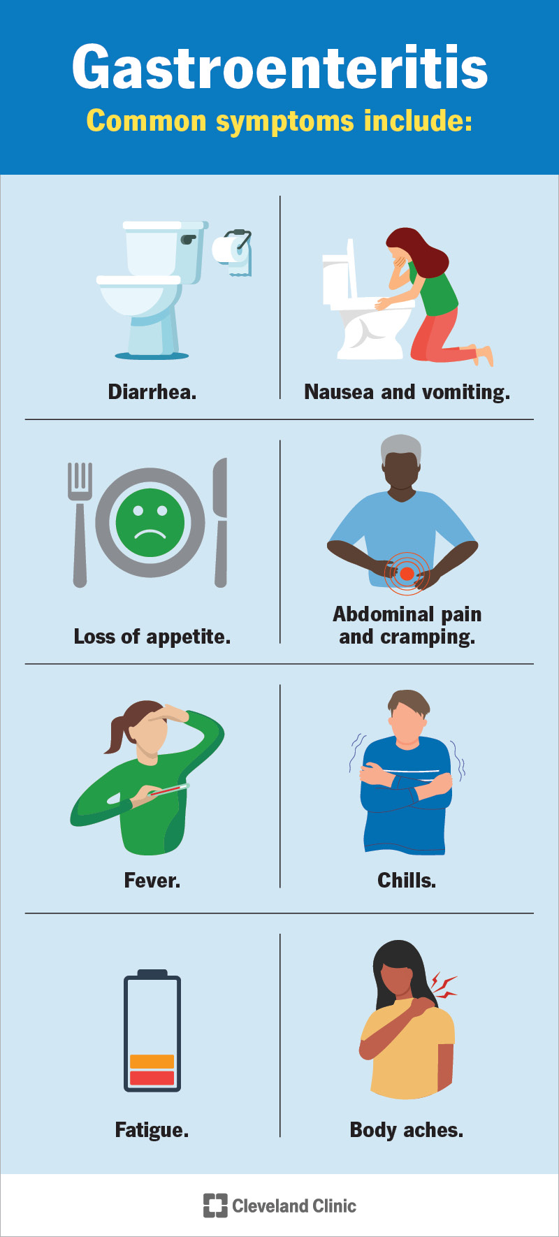 Common symptoms of gastroenteritis include diarrhea, nausea and vomiting.
