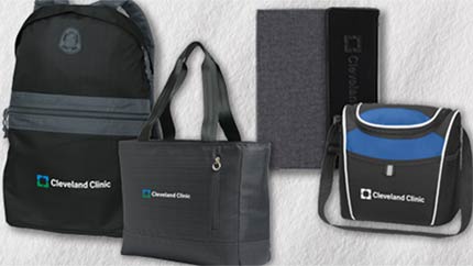 Cleveland Clinic branded backpack, lunch bag and other merchandise.