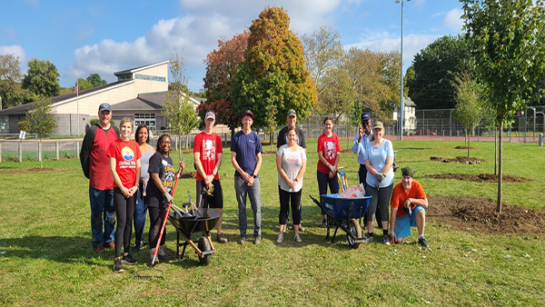 a team of caregivers planting trees