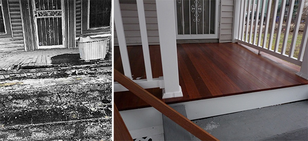 Due to deteriorating wood and the presence of lead, this home had its porch replaced through the Centennial 100th Street Initiative.