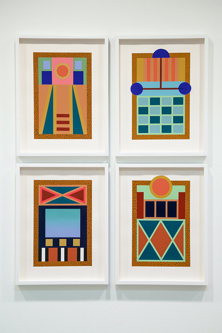 Installation view, from left to right: Dahlia Elsayed, Day 14, Day 3, Day 15 and Day 11, 2025, acrylic on paper. 