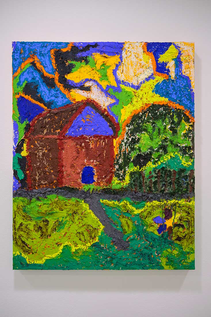 Installation view: Antwoine Washington, The Colorful Cottage, 2023, oil stick, acrylic and mixed media on canvas.