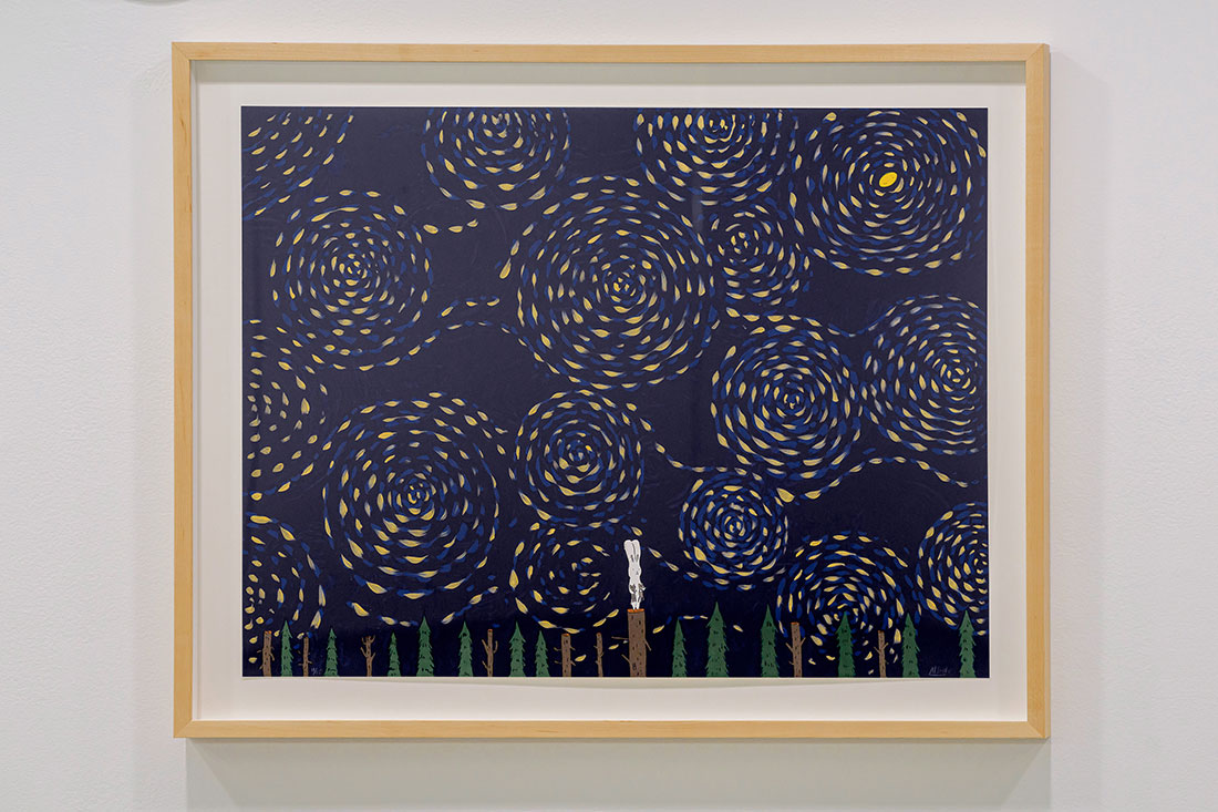 Installation view: Atsushi Kaga, Usacchi-Half Moon, 2025, hand-colored lithograph. 