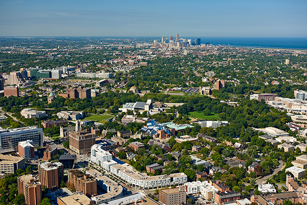 Ariel view of Case Western Reserve University campus and the city of Cleveland