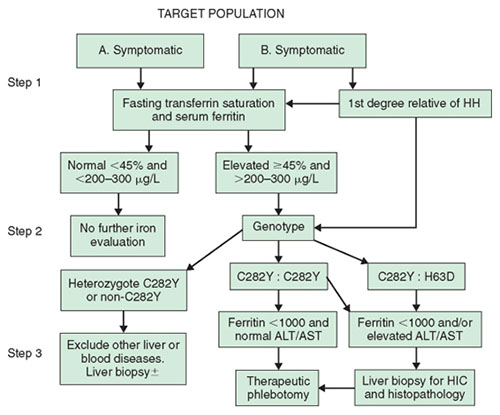 Figure 1. Diagnostic algorithm for the investigation of patients for hemochromatosis. ALT, alanine aminotransferase; AST, aspartate aminotransferase; HH, hereditary hemochromatosis; HIC, hepatic ion concentration. (Reproduced with permission from Tavill AS, Adams PC: A diagnostic approach to hemochromatosis. Can J Gastroenterol 2006;20:535-540.)