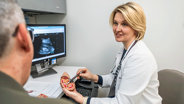 Doctor explains ultrasound results to a patient using a computer screen and anatomical model.