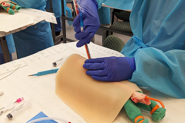 A student learning vascular surgery on a dummy.
