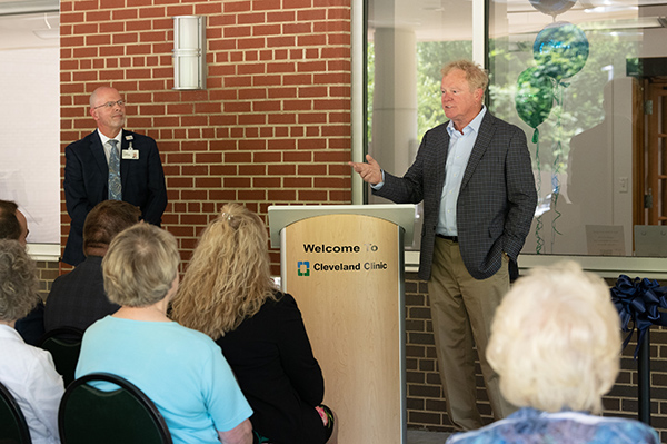 Dave Logsdon makes remarks at the ribbon-cutting of Medina Hospital Logsdon Family Center for Integrative and Lifestyle Medicine on July 17, 2022. 
