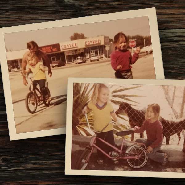 Childhood photos of Erin learning to ride a bike