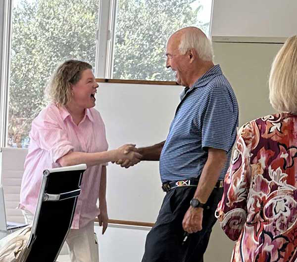 Bob Genader meets his donor liaison, Kishea Sciara, for the first time.