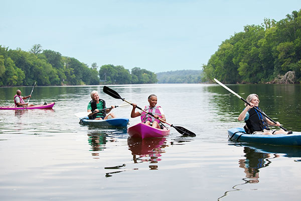 stock image of people paddling kayaks