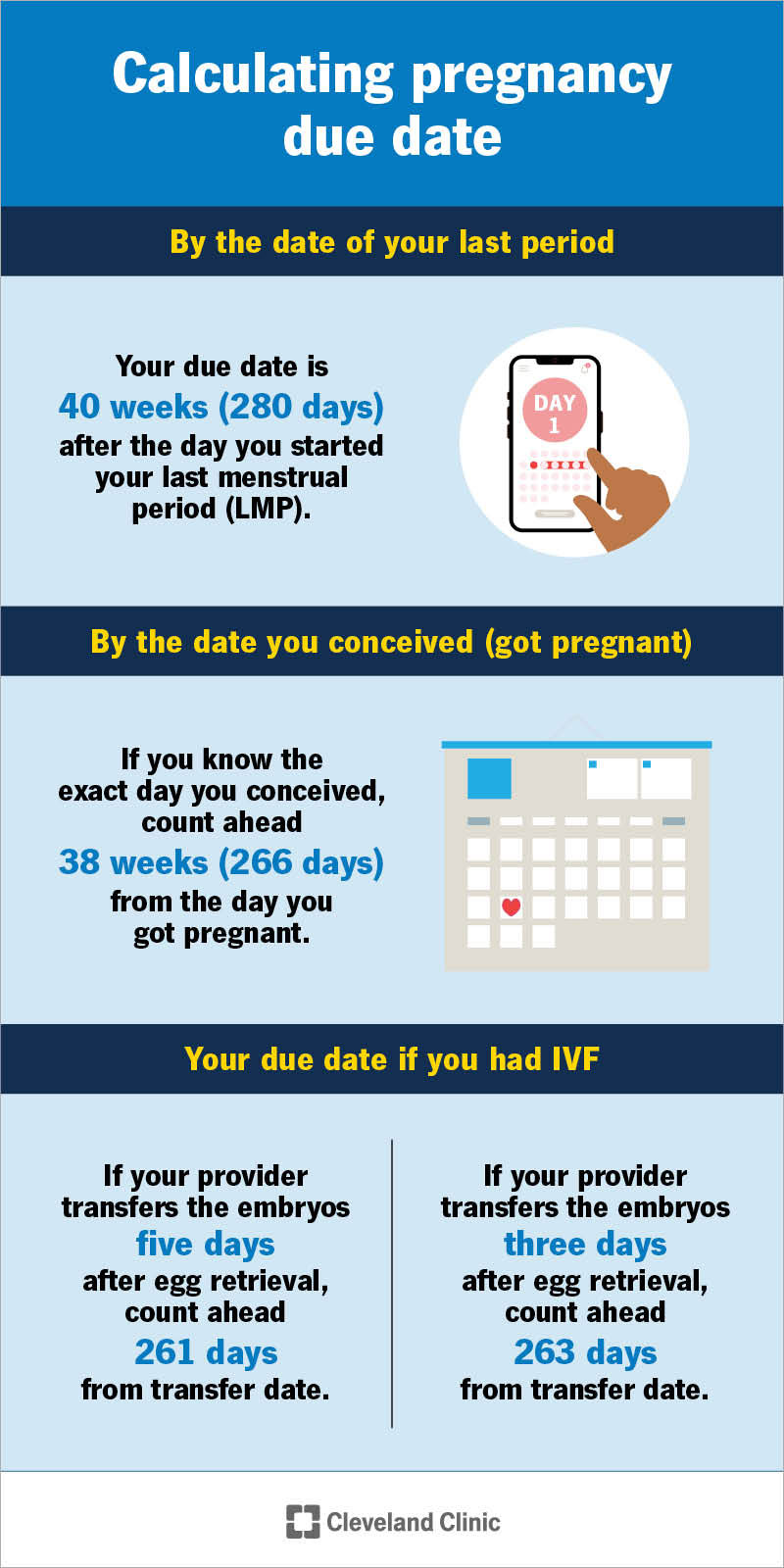 A few ways you can calculate your due date are based on your last period and the day you conceived