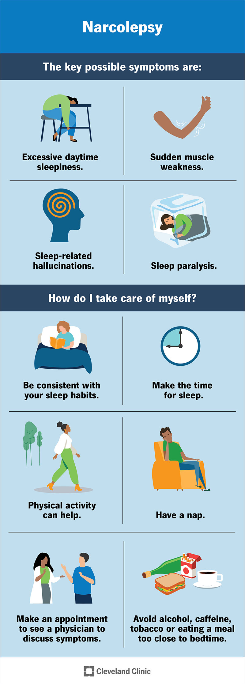 Narcolepsy has four key symptoms. Focusing on sleep hygiene greatly help improve sleep and this condition’s effects.