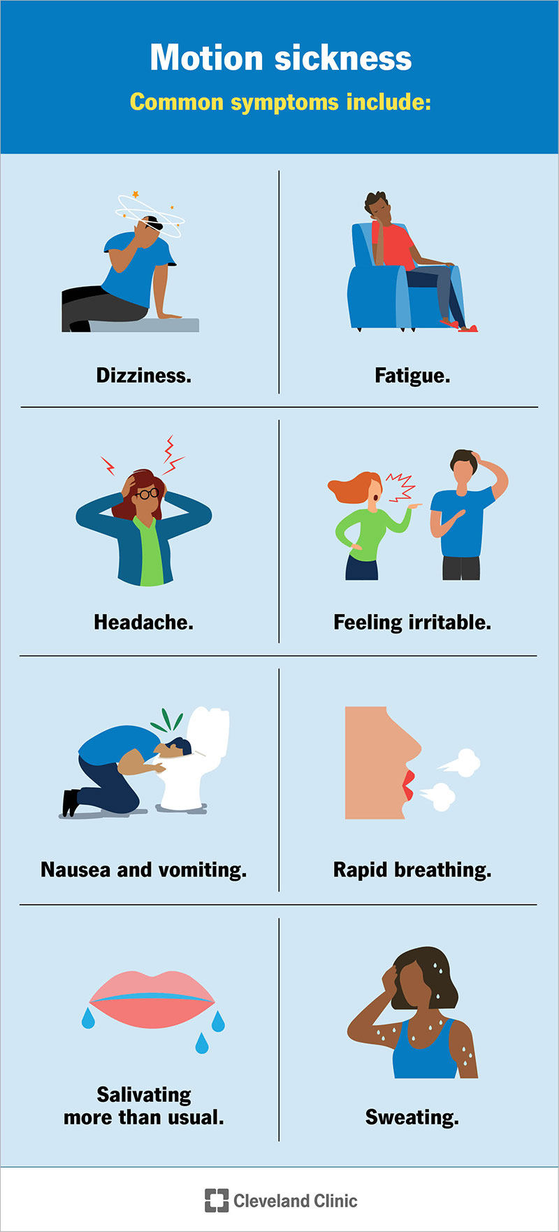 Common motion sickness symptoms are nausea and vomiting, salivating a lot, fatigue, rapid breathing and sweating.