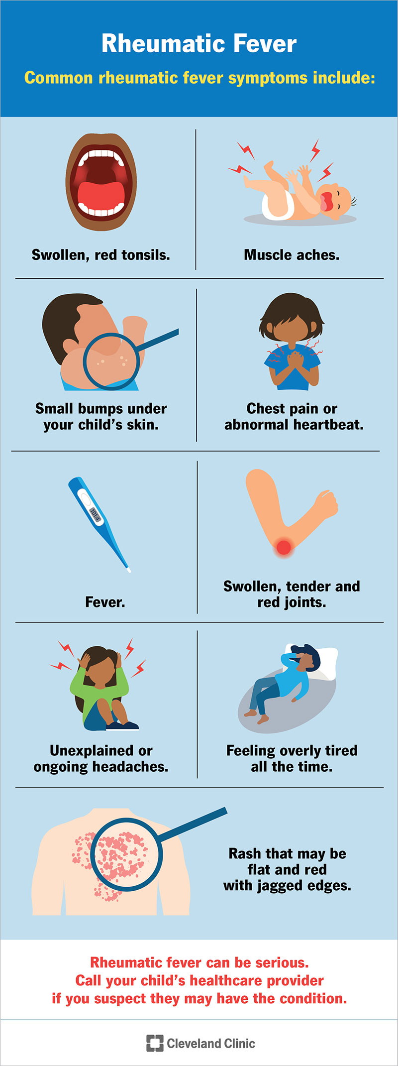 Symptoms of rheumatic fever can vary widely, depending on what part of your child’s body the disease impacts. Common symptoms include rash, muscle aches and fever.