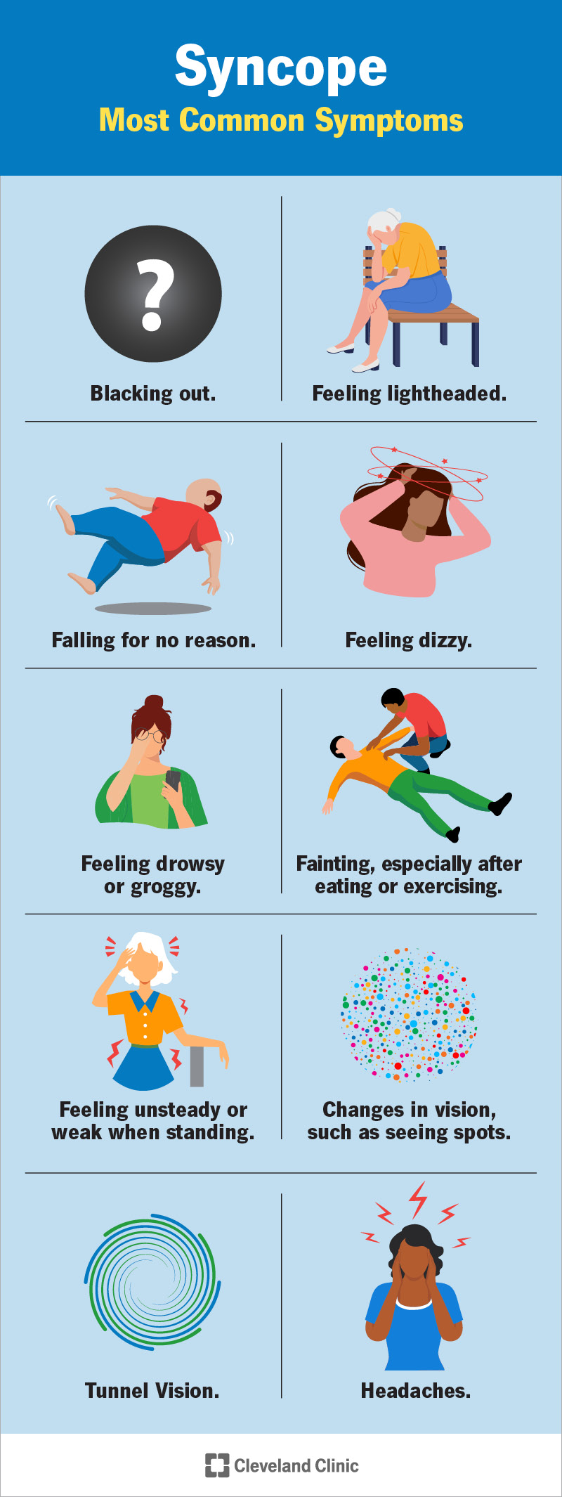 Common symptoms of syncope include feeling dizzy and unsteady.