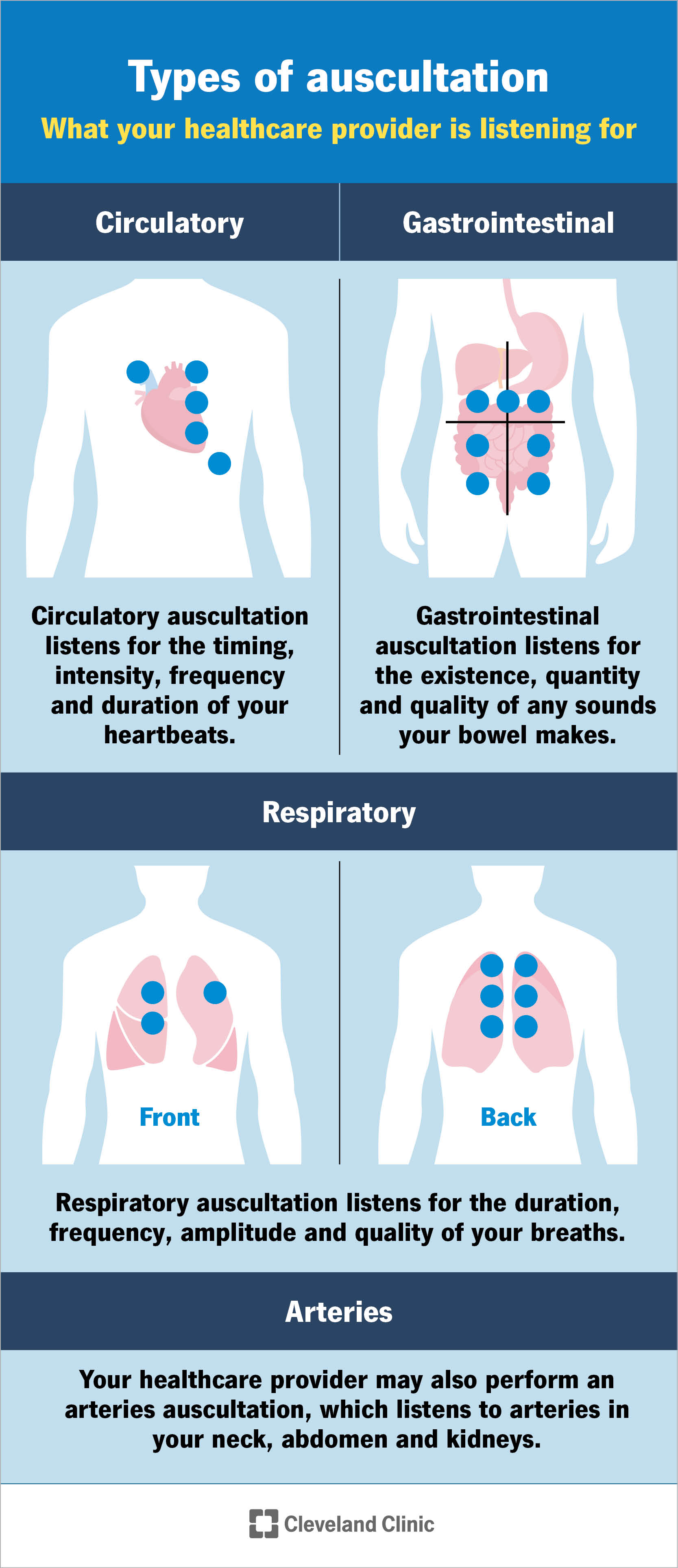 Auscultation listens to your circulatory, gastrointestinal and respiratory systems, as well as your arteries