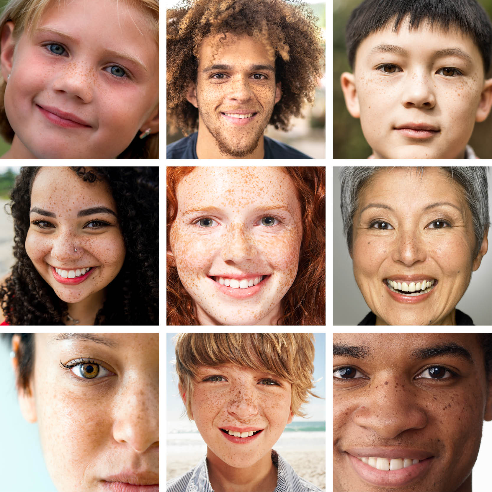 Pictures of the faces of nine people with freckles. They have different skin tones, ethnicities and hair colors.