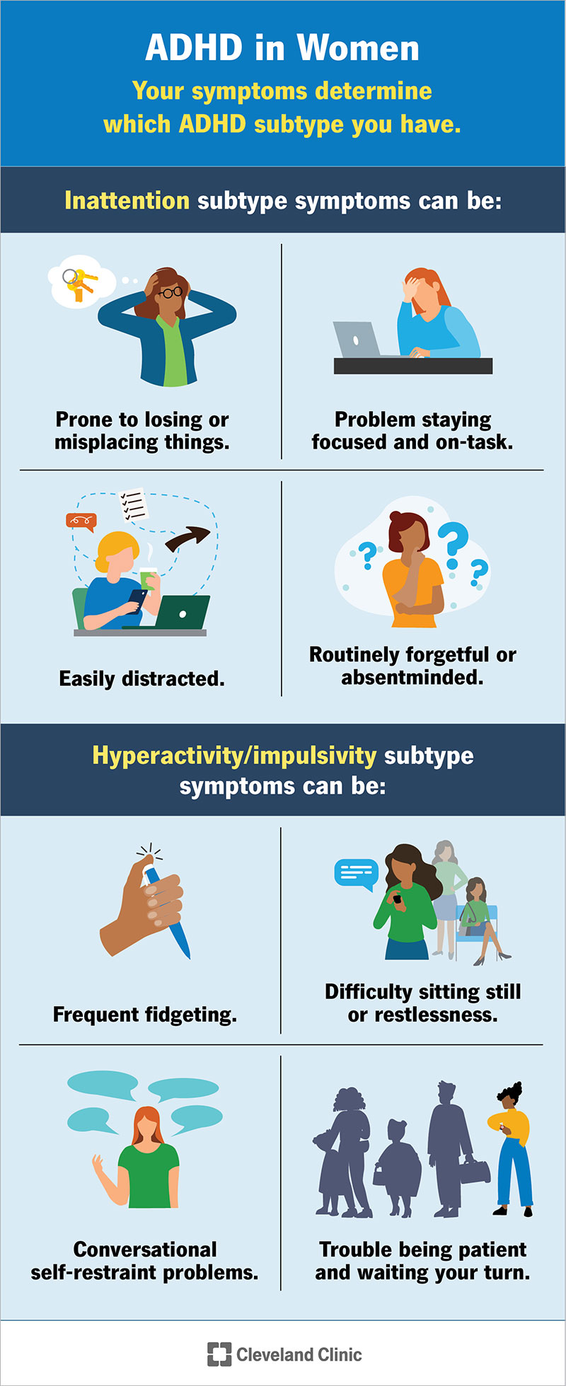 ADHD in women can cause symptoms that revolve around hyperactivity and impulsivity, inattention or both.