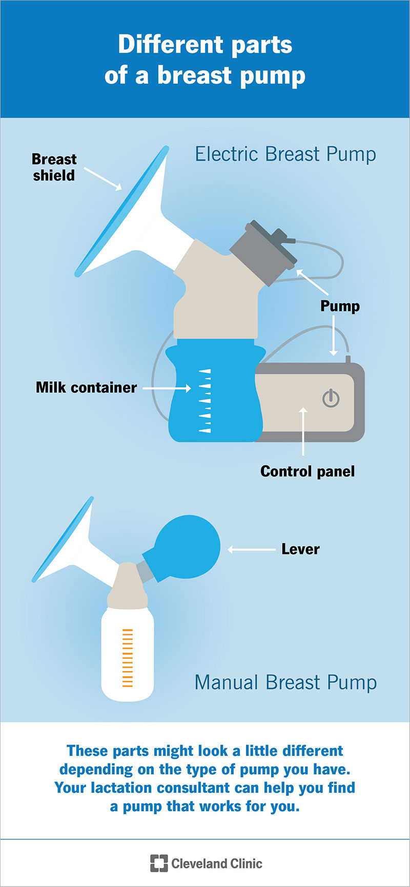 Breast pumps have many parts including a milk container and breast shield. Electric pumps have a control panel.