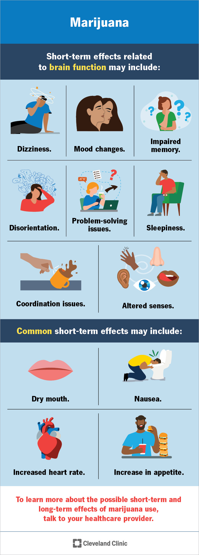 Short-term effects of marijuana may include dizziness, altered senses, impaired memory, nausea, dry mouth and more.