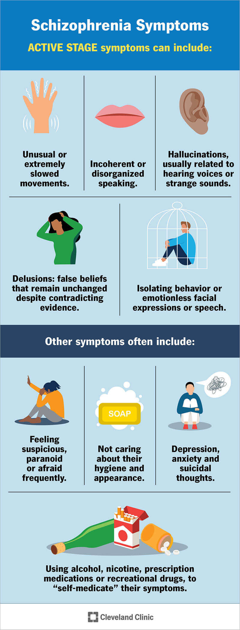 The possible symptoms of schizophrenia, including active stage and other symptoms.