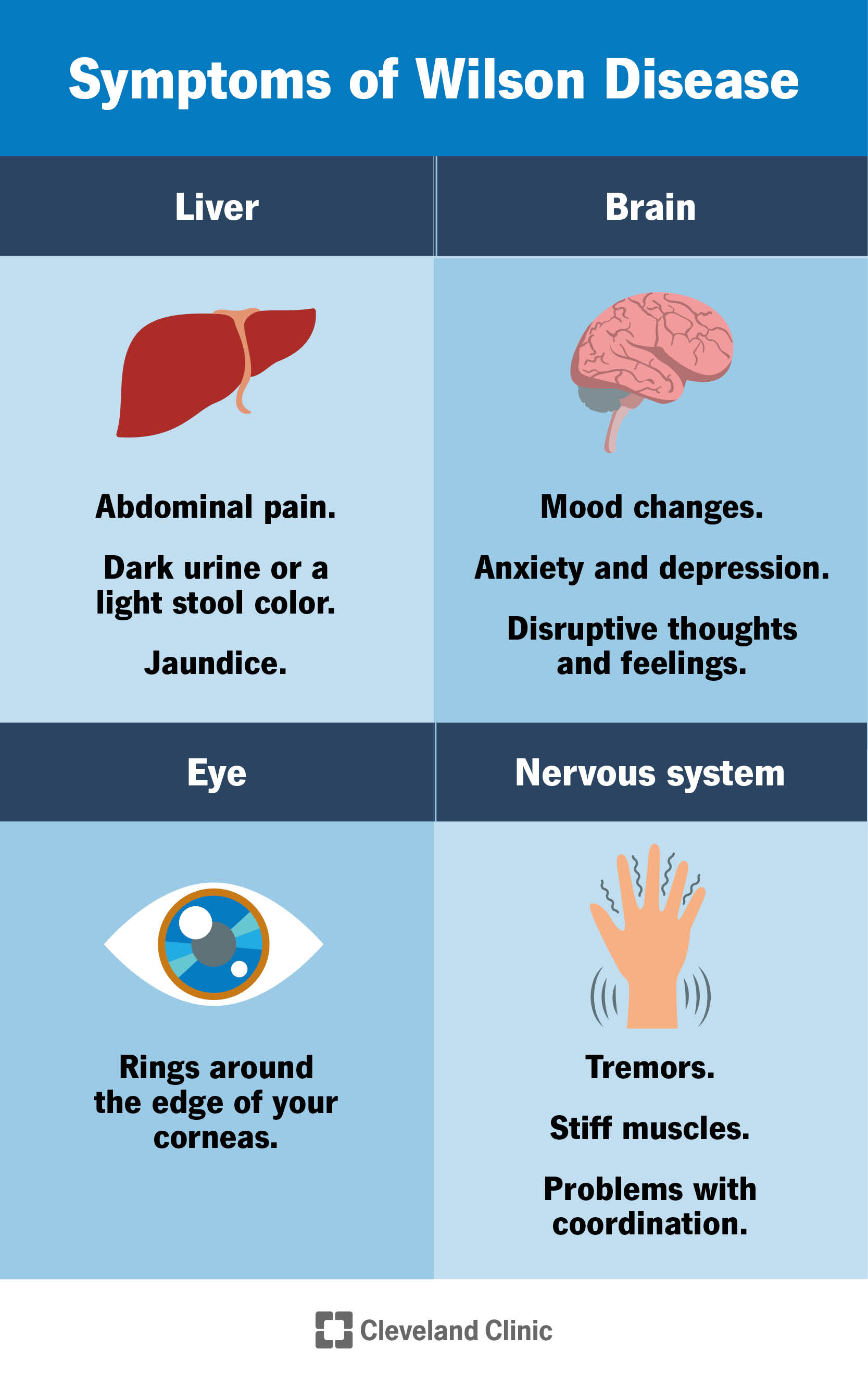 Symptoms of Wilson disease affect your liver, brain, eyes and nervous system.
