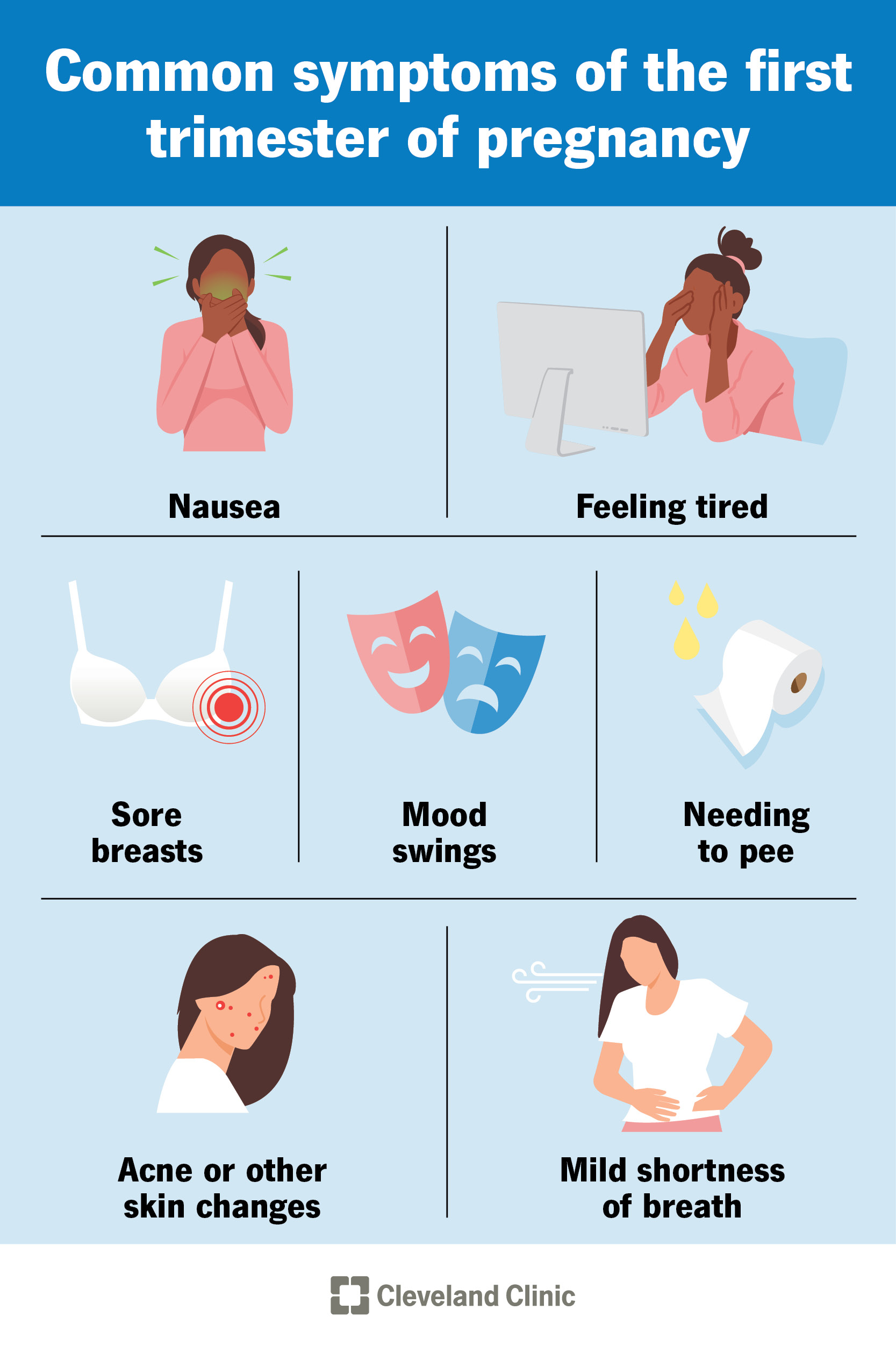 Common symptoms of the first trimester are nausea, sore breasts and fatigue.