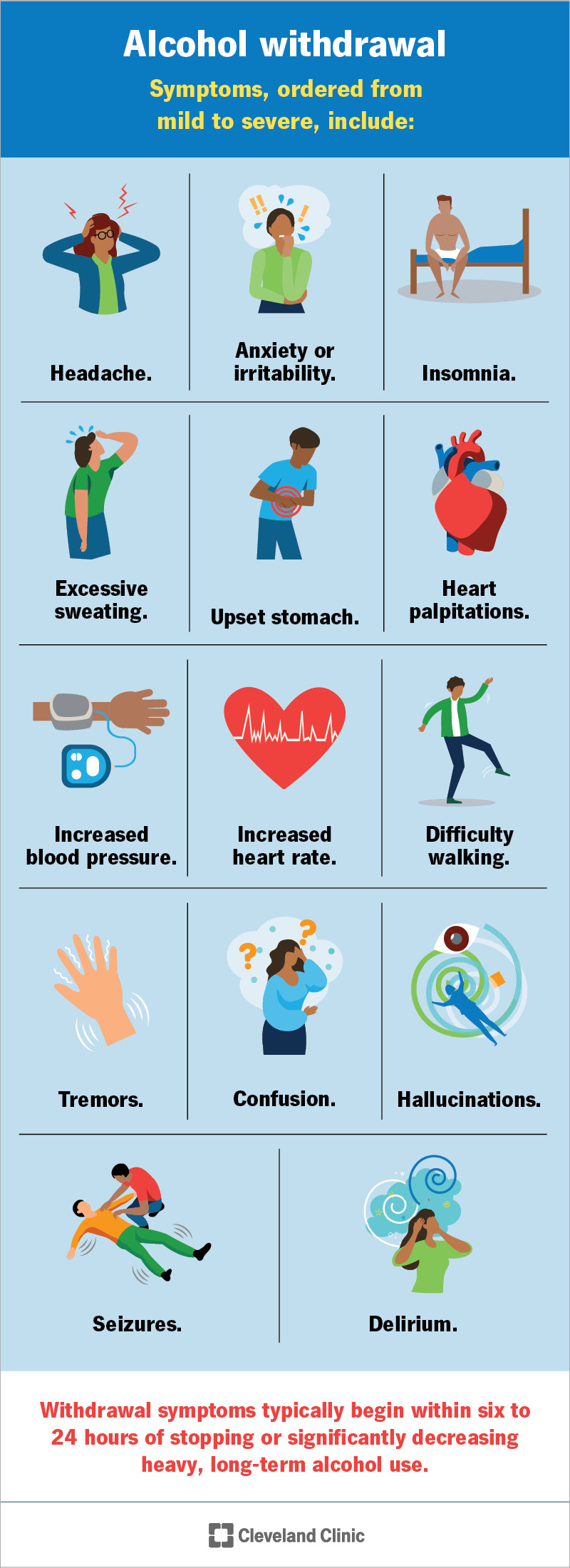 Alcohol withdrawl symptoms include anxiety, insomnia, excessive sweating, increased heart rate, tremors, seizures and more.