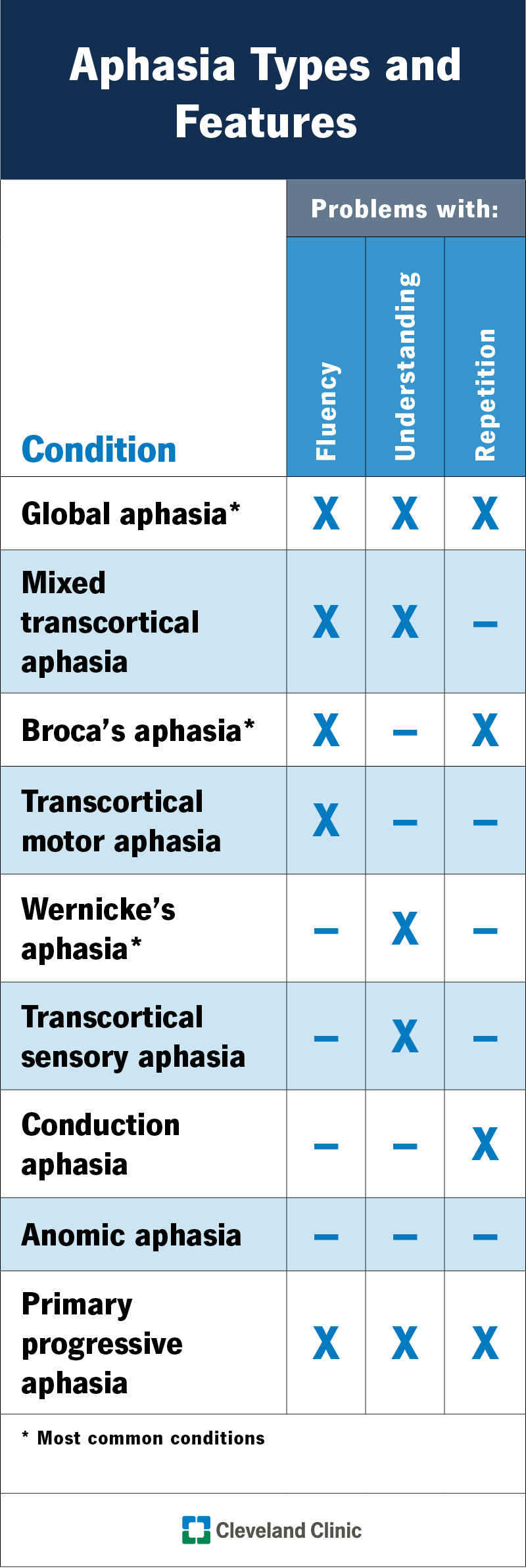 The types of aphasia and whether or not they affect fluency, understanding and repetition.