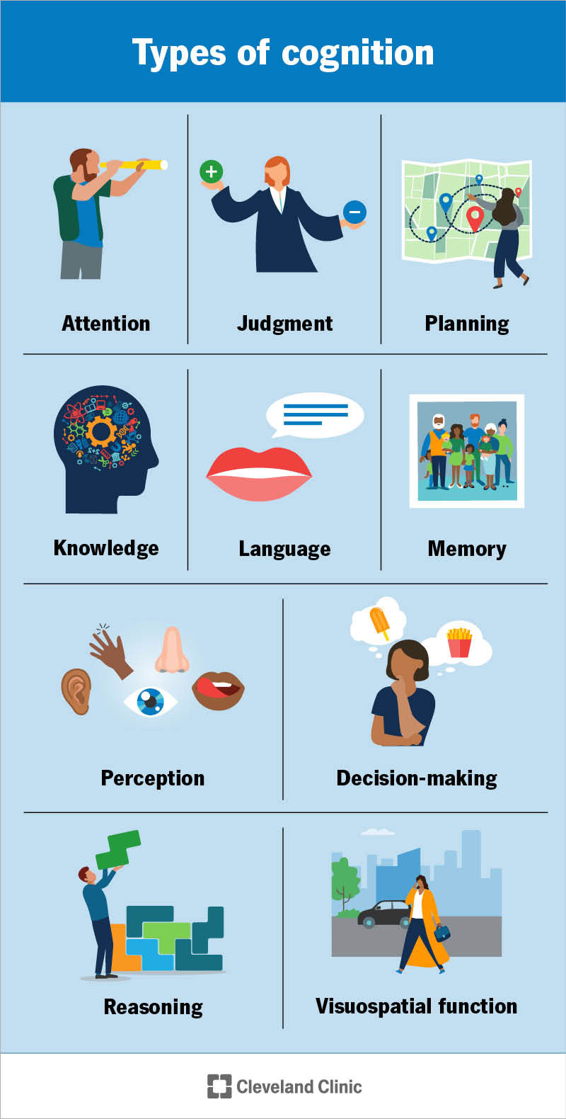Cognition types include attention, judgment, planning, knowledge, language, memory, perception, reasoning and decision-making