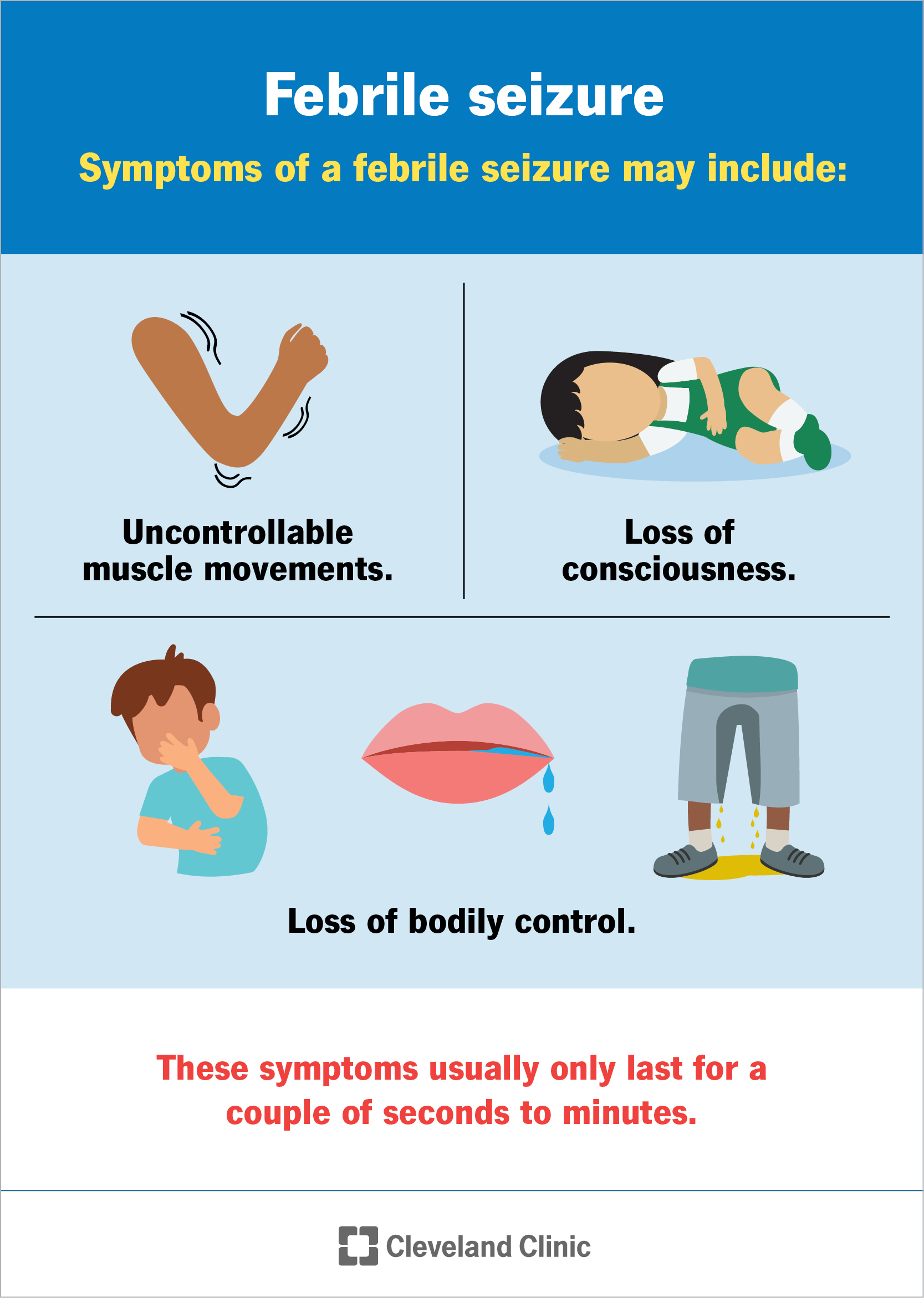 Common symptoms of a febrile seizure include loss of consciousness and bodily control, and uncontrollable muscle movements