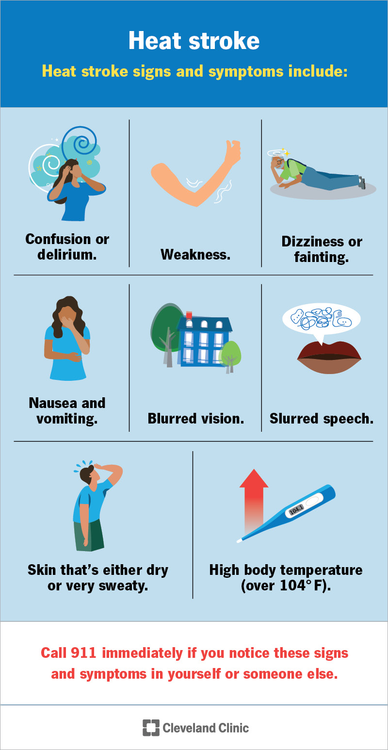 Signs of heat stroke include confusion, dizziness, weakness, nausea, blurred vision and slurred speech.