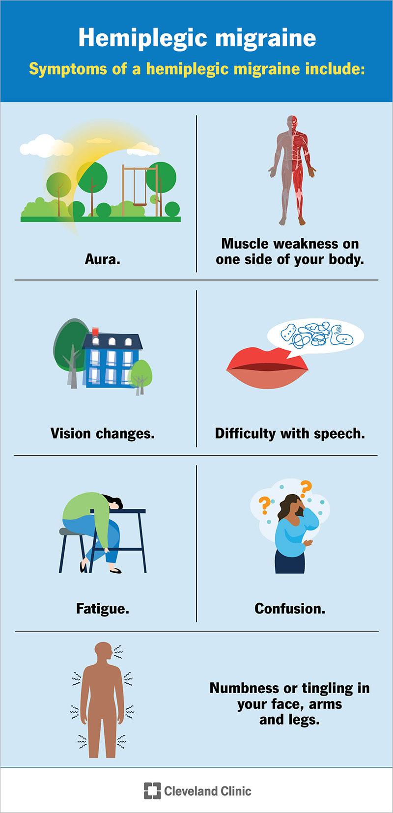 Symptoms of a hemiplegic migraine that affect your muscles, speech and vision.
