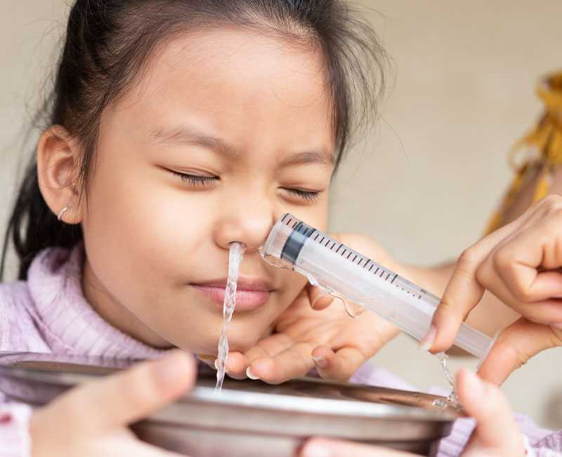 Saline solution is used for nasal irrigation in children as well as adults
