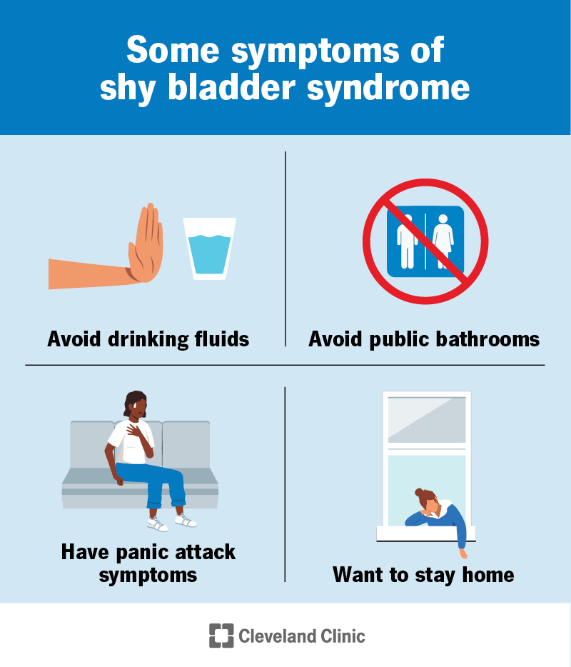 Shy bladder syndrome symptoms, including avoiding drinking fluids, avoiding public restrooms and wanting to stay home