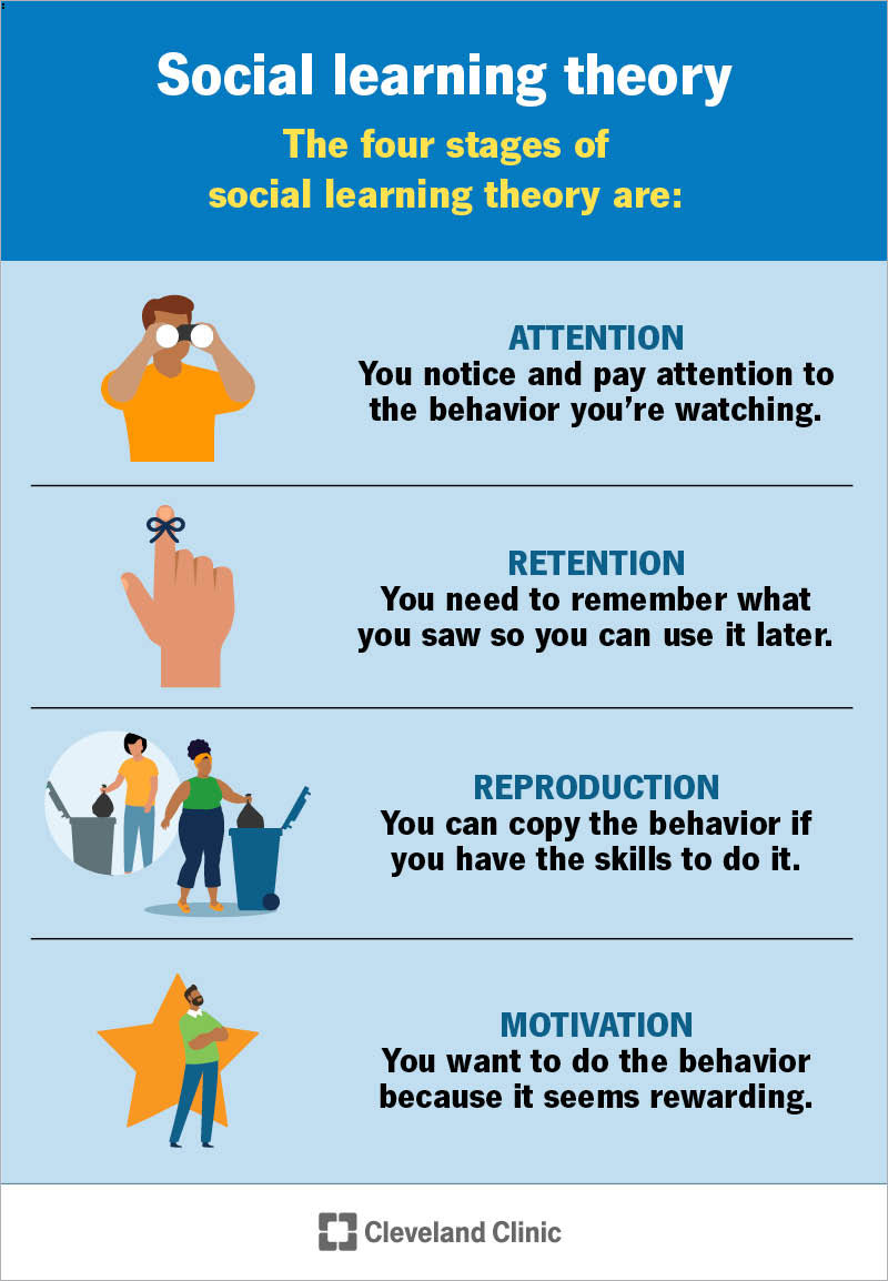 Four stages of social learning theory: attention, retention, reproduction and motivation