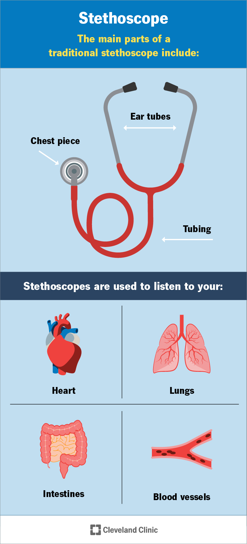 The main parts of a stethoscope are the chest piece, flexible tubing and metal ear tubes