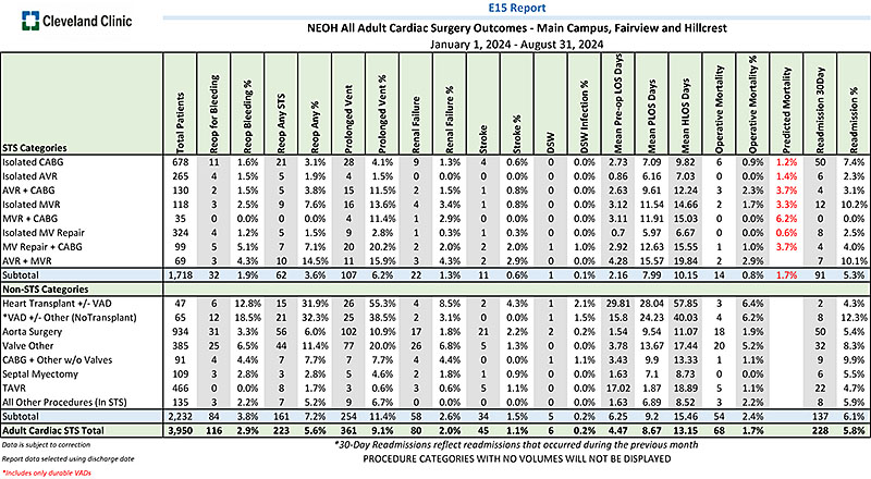 NEOH All Adult Cardiac Surgery Outcomes - Main Campus, Fairview and Hillcrest, January 1, 2024 - August 31, 2024